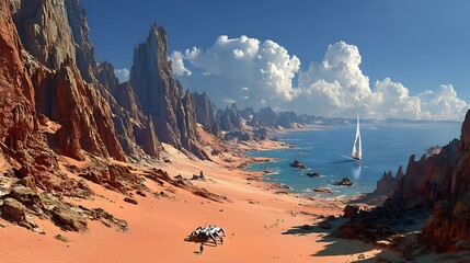 Sci fi landscape with armored vehicle and mountains high resolution picture