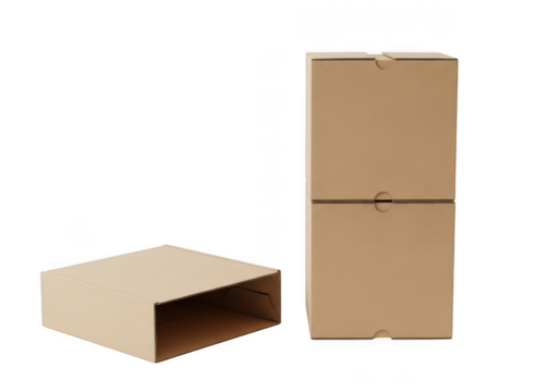 Two cardboard boxes, one open and one stacked, isolated on transparent background
