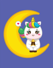Unicorn cartoon character sitting on a bright yellow crescent moon
