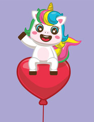 Unicorn cartoon character sitting on a red heart balloon