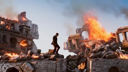 history icon ruin war city apocalypse world end silhouette man walking fire burning flame - Powered by Adobe
