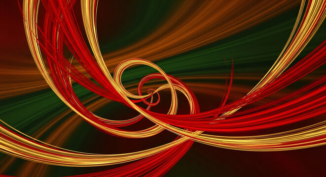 Dynamic gold and red ribbons spiral, create an energetic effect perfect for captivating backgrounds, vibrant design elements and creative digital art projects