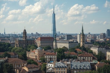 Modern skyscraper towering over historic european city skyline