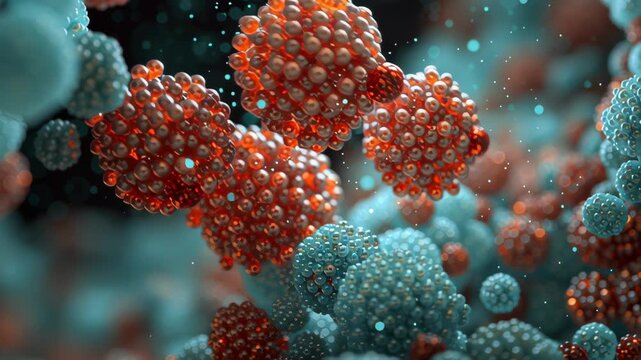 A bunch of colorful balls are in a pile. The balls are blue, red, and green. Close-up micro particle docking sequence animation freeze frame, precise molecular fit moment, targeted drug delivery
