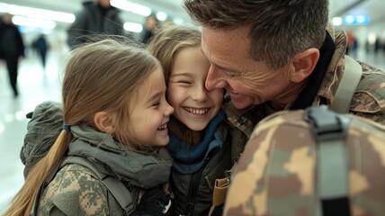 A military father reuniting with his children after deployment, emotional embrace, airport setting