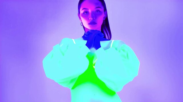 artist neon fashion clothing portrait woman face colorful light color fashion model parade studio stage