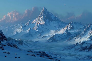 Snowy landscape with herd beneath towering mountain high resolution picture