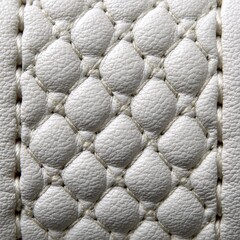 Naklejka premium Detailed macro shot of a white leather material featuring a diamond shaped quilting pattern and visible stitching. The texture shows a subtle grain and a slightly reflective surface.