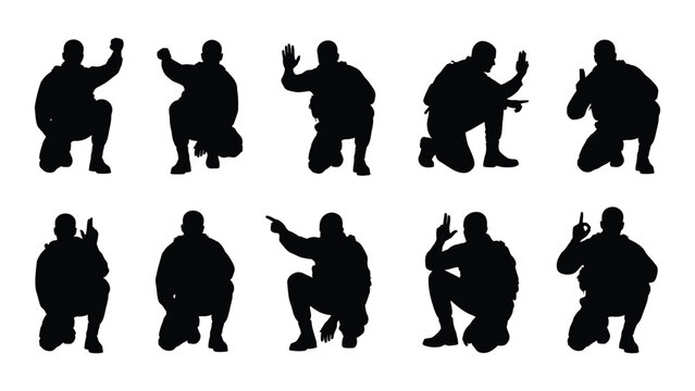 Crouching male silhouettes with hand gestures isolated on white background, Vector
