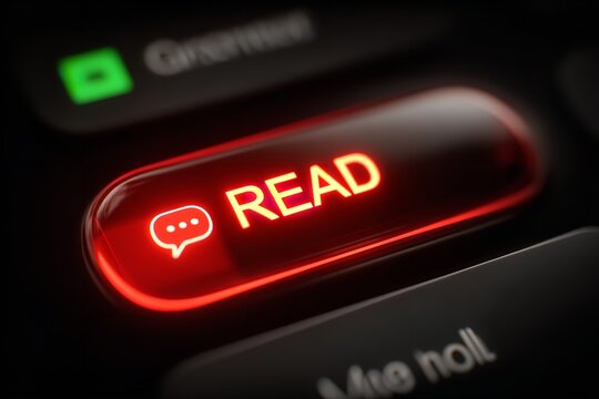 Bright read button glowing in dark environment, inviting users to engage with important messages or notifications