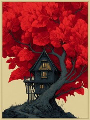 Stunning autumn fantasy house with glowing windows high resolution picture