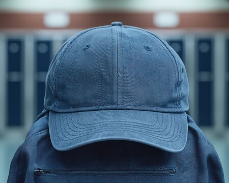 Blue cap and matching jacket back against blurry lockers, anonymous figure