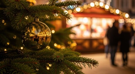 Beautiful golden ornament on a Christmas tree during festive season