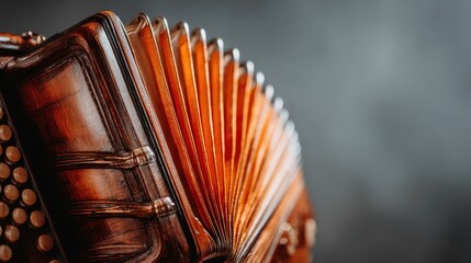 Detailed close up of vintage accordion bellows highlighting wood grain and metal accents on a soft gray background.
