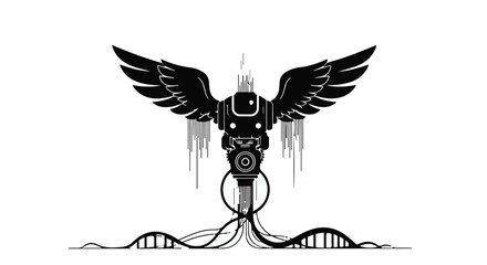 Fototapeta premium Futuristic winged robot with DNA strand connection symbolizes technology and life