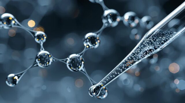 Close-up synthetic gene editing UI abstraction overlaying pipette micro droplet transfer, clinical precision, ultra clean lab neutrality, gene-based therapy