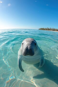 Close-up of a manatee swimming in clear, shallow, turquoise water