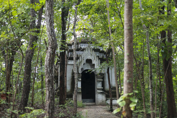 Mysterious ancient temple ruin hidden deep within green forest. Old stone architecture, overgrown with nature, creates serene and lost world atmosphere for adventure
