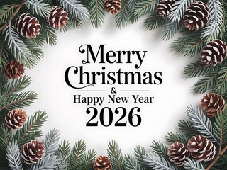 Modern Merry Christmas and Happy New Year 2026 winter pinecone border with festive greenery