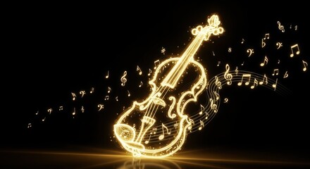 Elegant Luminous Violin and Flying Musical Notes