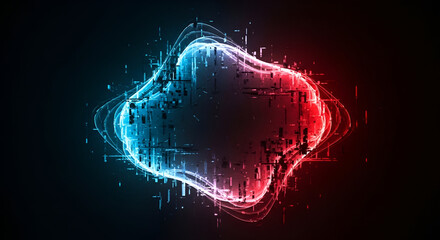 Abstract glowing shape with glitch effect, vibrant red and blue, dark backdrop