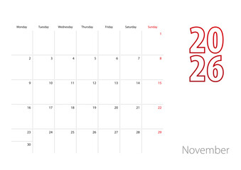 Calendar for November 2026 in modern design, planner template.