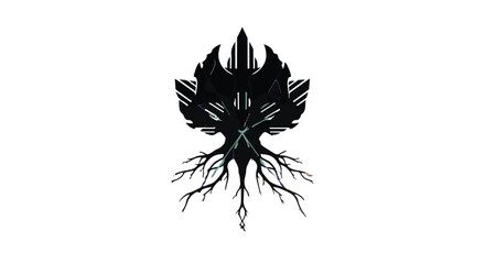 Abstract dark symbol of a stylized tree with roots against a white background, representing growth and origin.