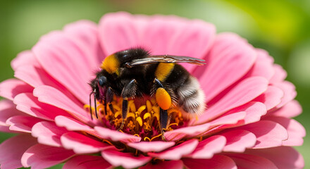 Bumblebee extracting nectar from a pink flower in the garden close up shot