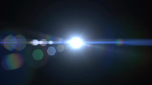Optical cinematic lens flare artifact emanating from a centralized bright light source against a deep black void background light, abstract, bright