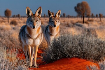 Two wild desert foxes standing on red sand high resolution picture