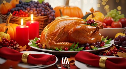 Roasted turkey centerpiece with vibrant red candles, pumpkins, grapes, and fall foliage on a festive thanksgiving table setting, creating a warm holiday atmosphere.