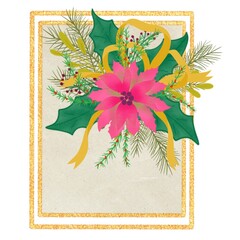 Digital illustration of a Christmas card featuring a pink poinsettia and festive greenery framed by a gold glitter effect border.
