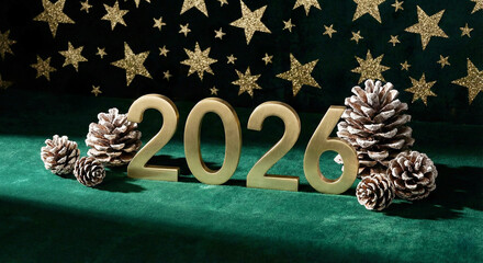 Gold numeric of New Year 2026 with star background and pines