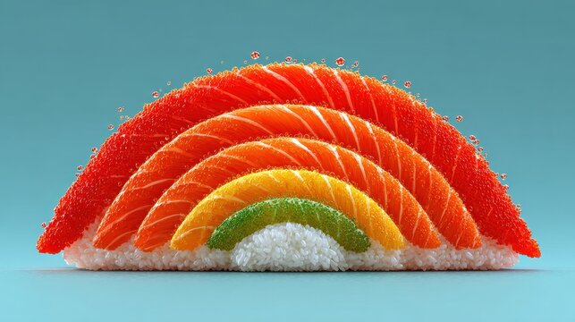 Artistic sushi creation shaped as a rainbow featuring layers of salmon roe avocado and rice against a clean teal backdrop.