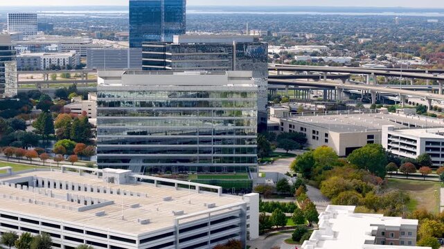 Aerial view of modern office buildings and industries in Plano downtown