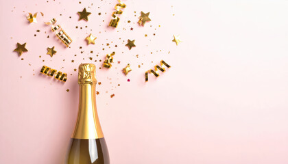 Celebration background with golden champagne bottle, confetti stars and party streamers. Christmas, birthday or wedding concept. Flat lay.