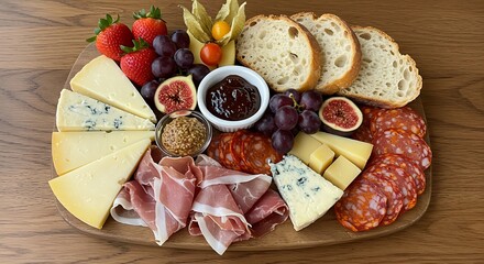 Gourmet cheese board with fruits, meats, breads, and condiments on a wooden surface