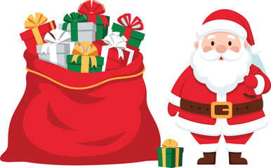 Cute Santa Claus with Oversized Red Sack, Full of Christmas Presents, Holiday Delivery, Festive Character, Gifts Pile, Vector Illustration