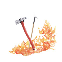Firefighter equipment: axe, a pike pole with fire