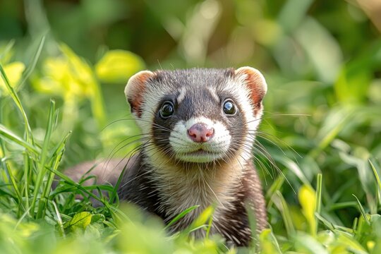 Ferret peeks from green grass, looking directly at the viewer, bright eyes