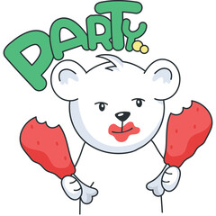 White cartoon bear wearing red lipstick holding fried chicken legs with green party text above its head on a transparent background