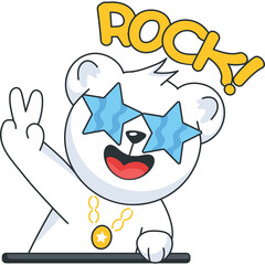 White Cartoon Bear Wearing Star Sunglasses and Gold Chain Giving Peace Sign with Rock Sign Above Head Transparent Background
