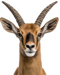 Fototapeta premium Frontal close-up of a tan gazelle with curved, ridged horns against a white background