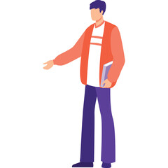 Man In Orange Cardigan And Blue Pants Holding A Book In A White Background