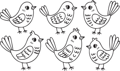 Six cartoon birds with black outlines on a white background drawing illustration