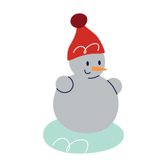 Vector illustration with flat cartoon snowman in knitted beanie with pompom, winter holiday character, cozy festive design for seasonal cards, decor, playful cheerful visuals, cute snow man icon