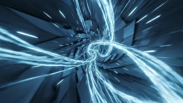 Rapid flow of faint neon blue and cyan light trails weaving dynamically through a dark three dimensional abstract tunnel structure visual, loop, digital