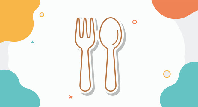 Simple outline illustration of a fork and spoon against a white background with colorful abstract shapes and small decorative elements.