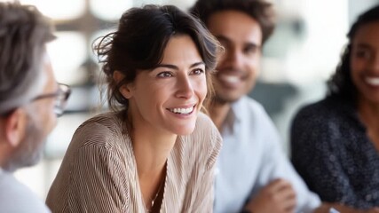 A joyful woman actively engages in a lively group discussion, showcasing genuine happiness and connection with her peers in a bright, modern meeting space, emphasizing collaboration 