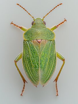Green insect, with a yellow-lined pronotum and striped elytra, viewed from above